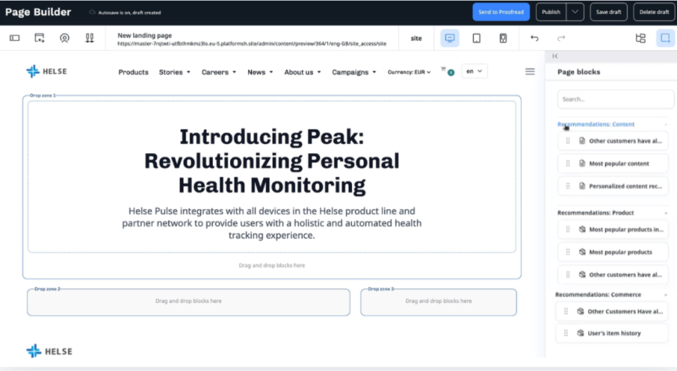 Screenshot of Ibexa Page Builder showing choice of recommendation blocks available