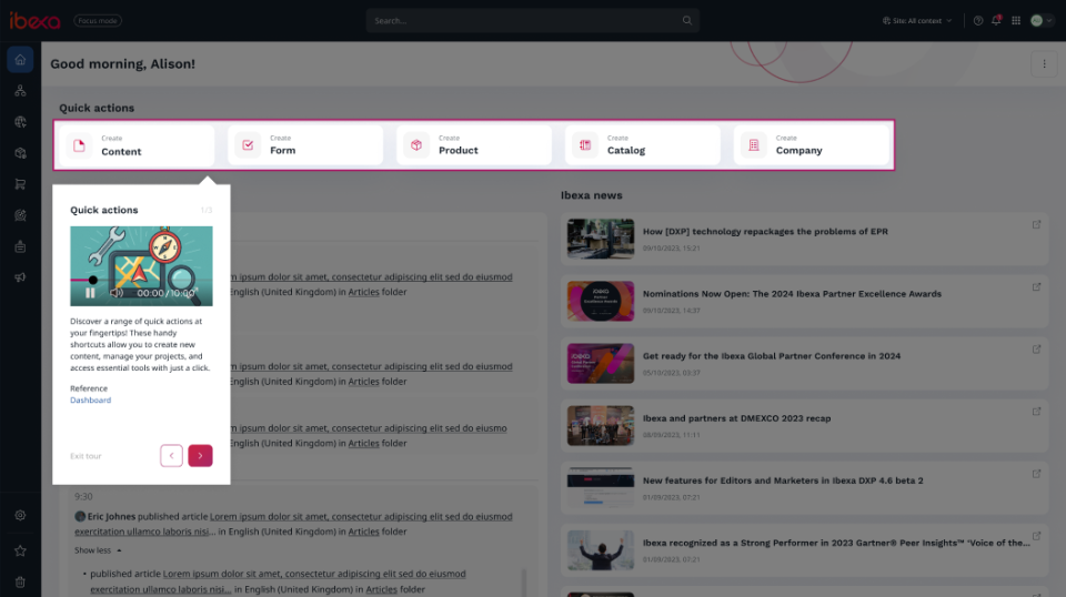 Image of Ibexa UI showing highlighted areas and onboarding messages